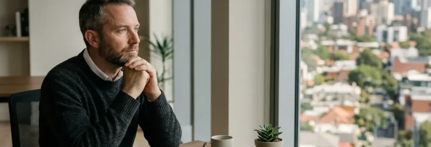 Une personne de quarante ans réfléchissant à son avenir professionnel lors d'une séance de coaching