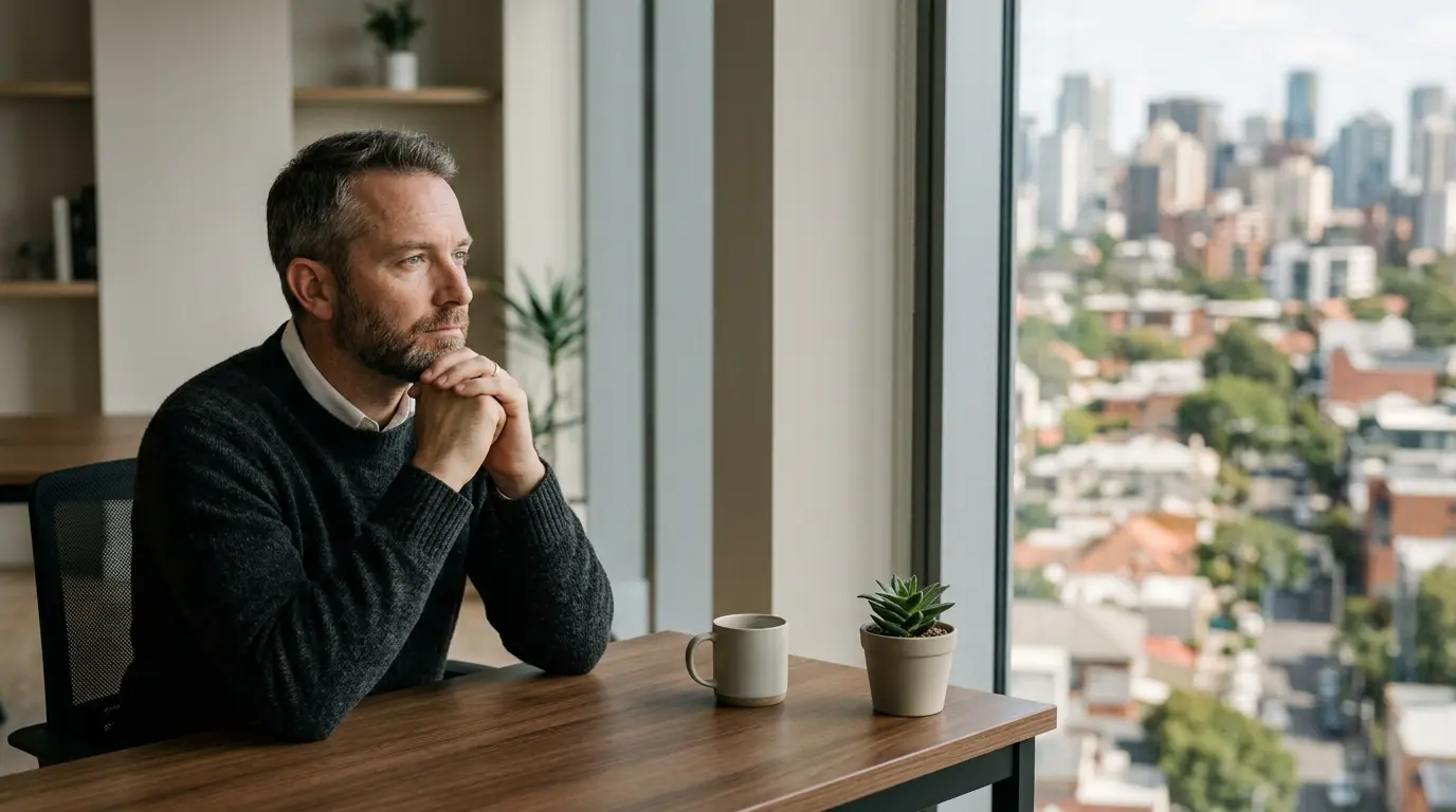 Une personne de quarante ans réfléchissant à son avenir professionnel lors d'une séance de coaching