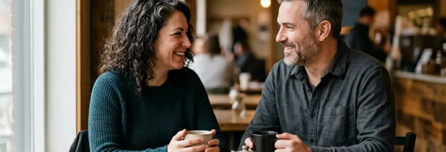 Deux personnes d'âge mûr partageant un moment de complicité authentique dans un environnement apaisant