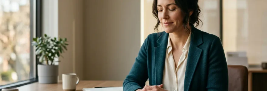 Professionnel en moment de réflexion sereine illustrant l'équilibre entre exigence et bienveillance envers soi