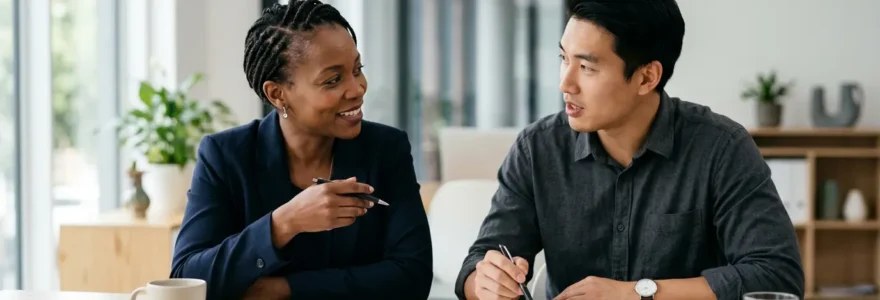 Deux professionnels collaborant ensemble dans un environnement de travail lumineux et moderne