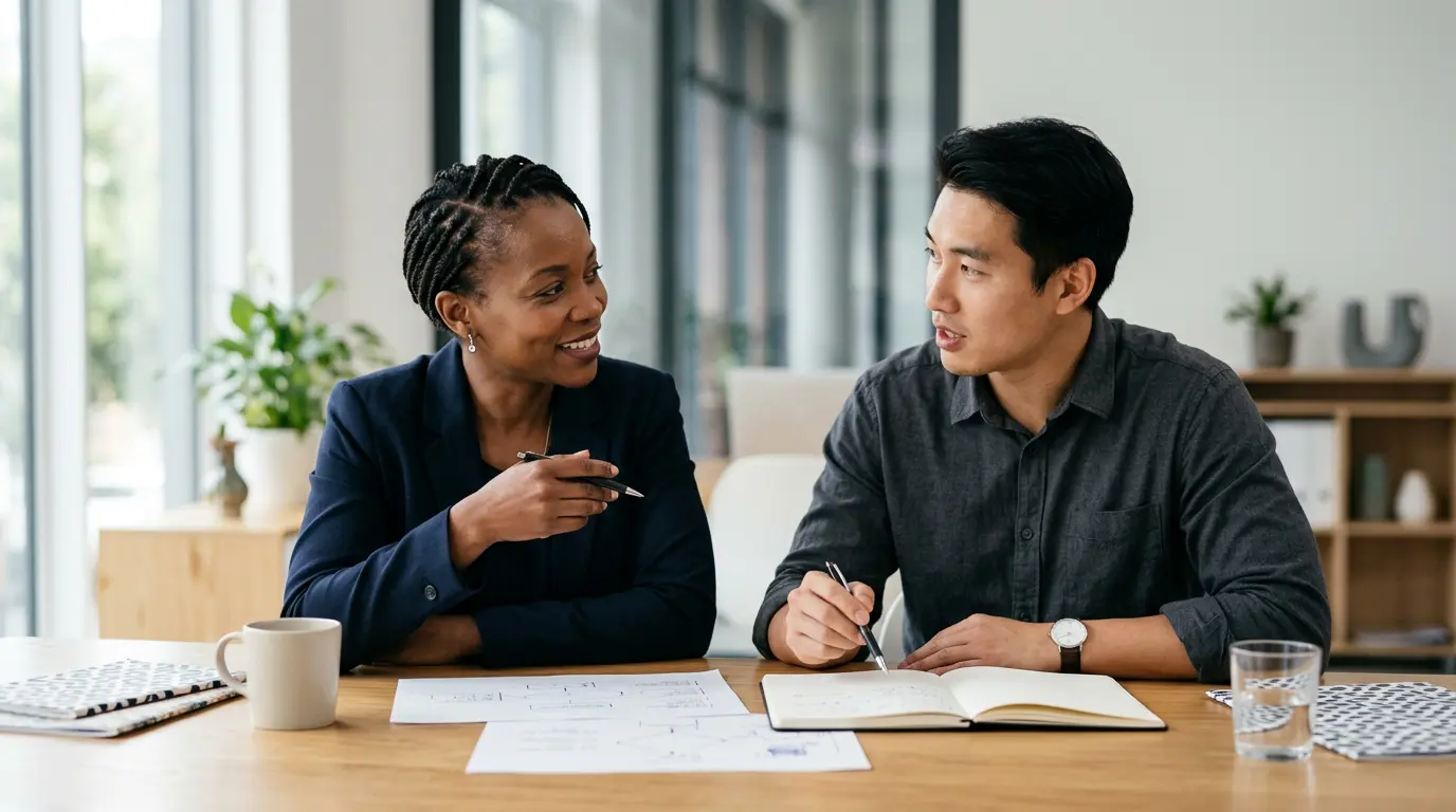 Deux professionnels collaborant ensemble dans un environnement de travail lumineux et moderne