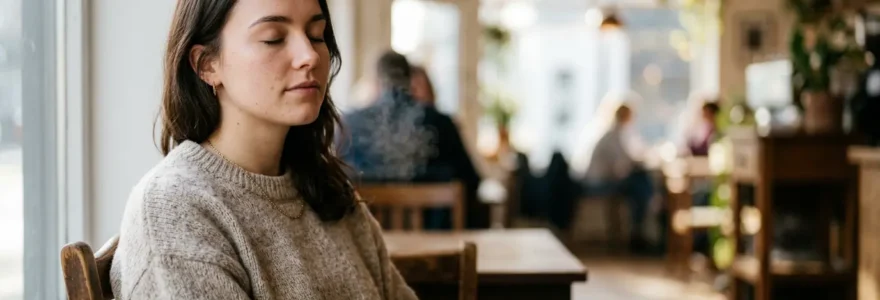 Personne sereine utilisant la respiration consciente avant un rendez-vous important, atmosphère apaisante