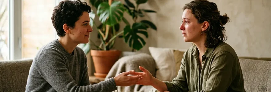 Deux personnes assises face à face dans un espace lumineux et apaisant, leurs mains se rejoignant au centre, symbolisant la reconnexion émotionnelle et l'espoir de reconstruction