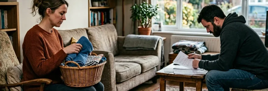 Couple assis dos à dos dans un salon moderne, chacun absorbé par son activité, illustrant la distance émotionnelle malgré la proximité physique