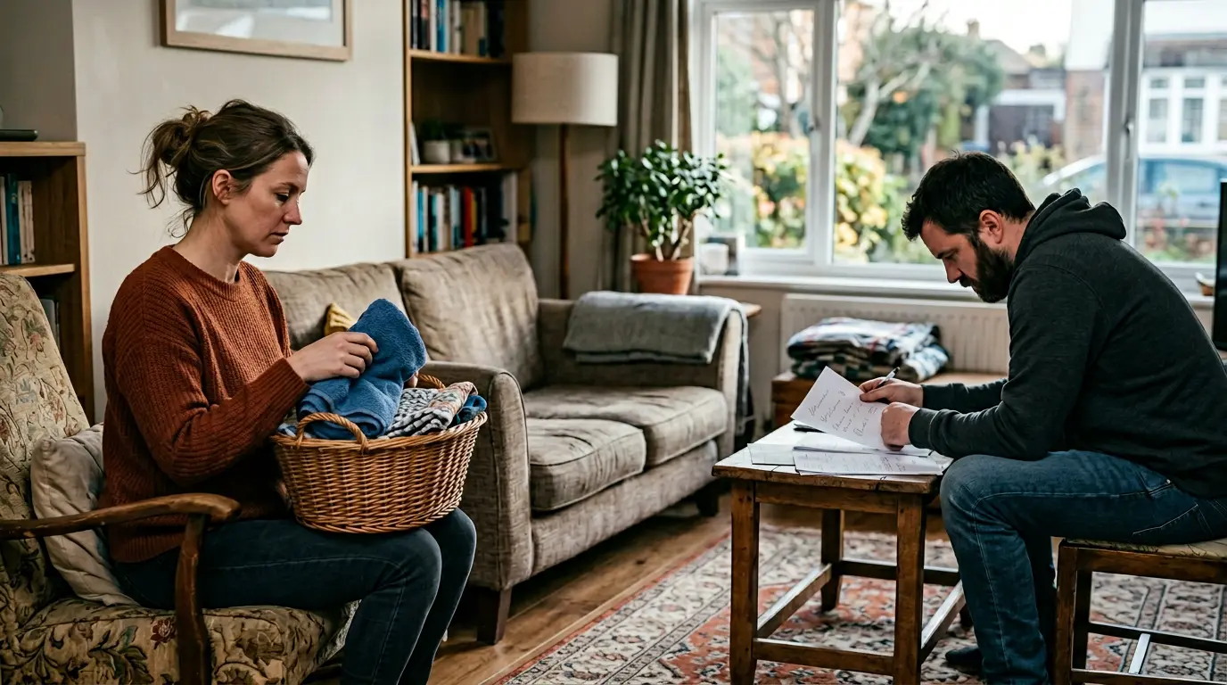 Couple assis dos à dos dans un salon moderne, chacun absorbé par son activité, illustrant la distance émotionnelle malgré la proximité physique