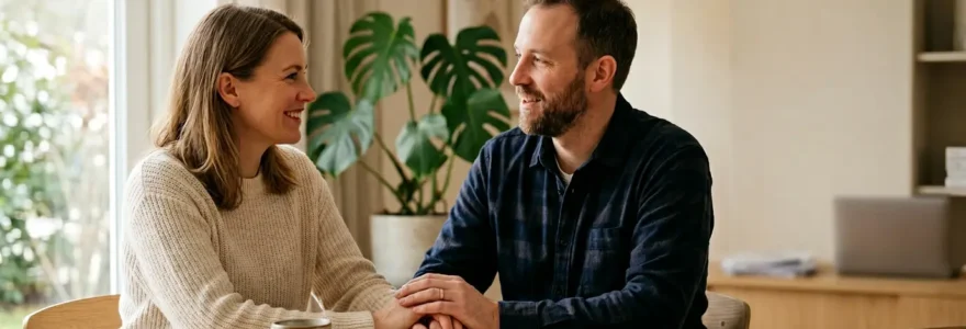 Couple moderne discutant sereinement de leurs finances dans un interieur chaleureux