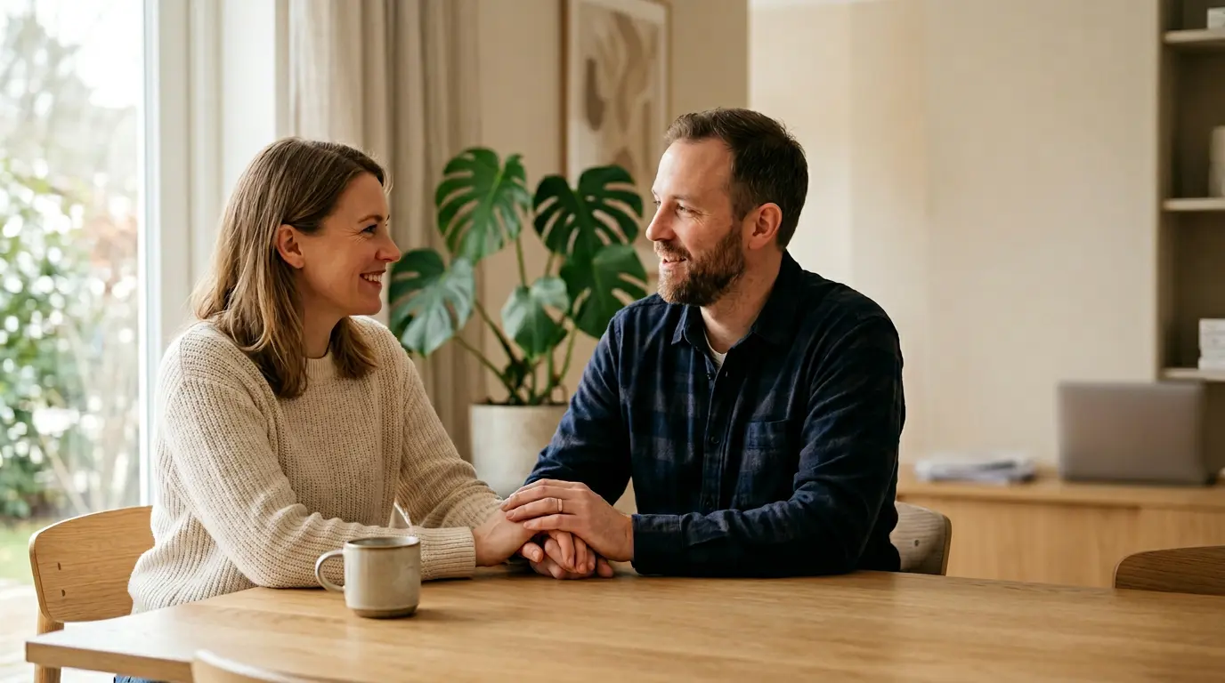 Couple moderne discutant sereinement de leurs finances dans un interieur chaleureux
