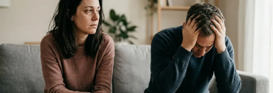Couple trentenaire assis côte à côte sur un canapé, regard distant et fatigué, atmosphère de lassitude et de déconnexion