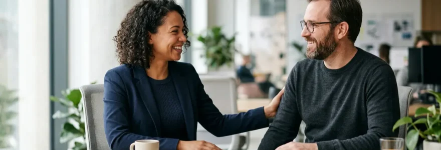 Scène professionnelle illustrant la reconnaissance au travail et la connexion humaine entre collaborateurs