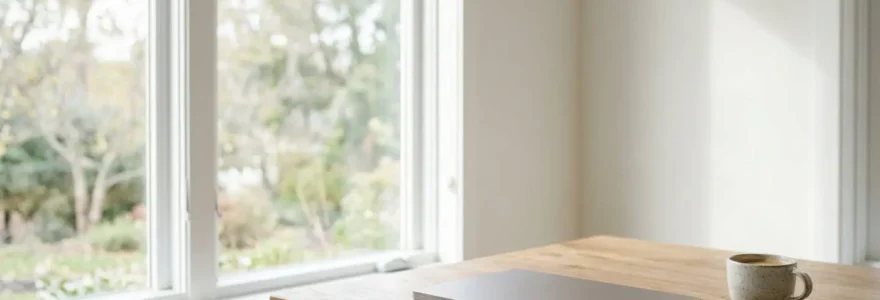 Composition minimaliste illustrant l'équilibre entre connexion numérique et concentration mentale