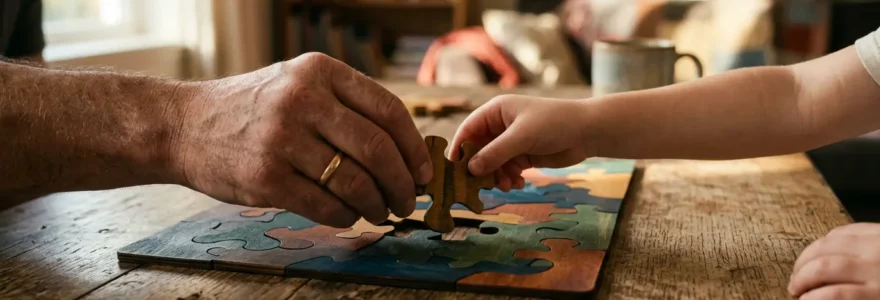 Une scène symbolique représentant la reconnexion émotionnelle dans une famille recomposée à travers l'empathie active