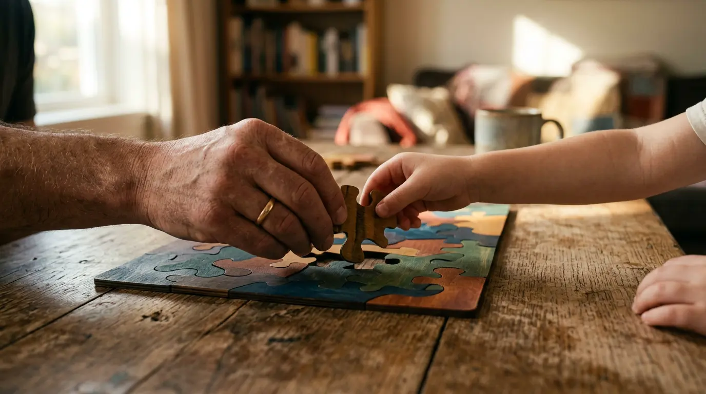 Une scène symbolique représentant la reconnexion émotionnelle dans une famille recomposée à travers l'empathie active