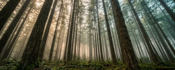 Vue immersive au cœur d'une forêt de conifères avec rayons de lumière filtrant à travers les branches, évoquant l'atmosphère apaisante de la sylvothérapie