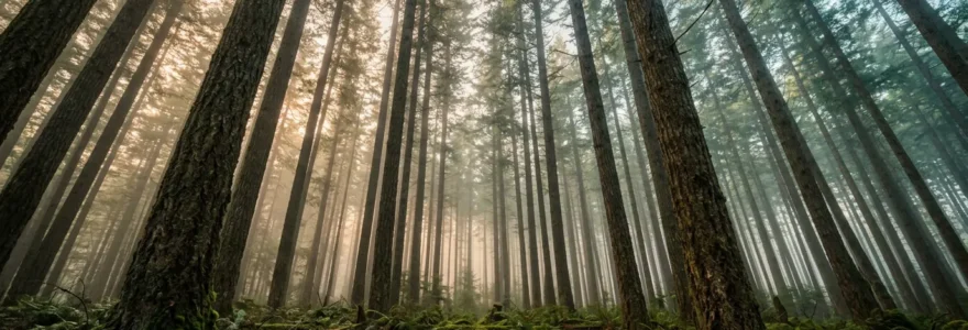 Vue immersive au cœur d'une forêt de conifères avec rayons de lumière filtrant à travers les branches, évoquant l'atmosphère apaisante de la sylvothérapie