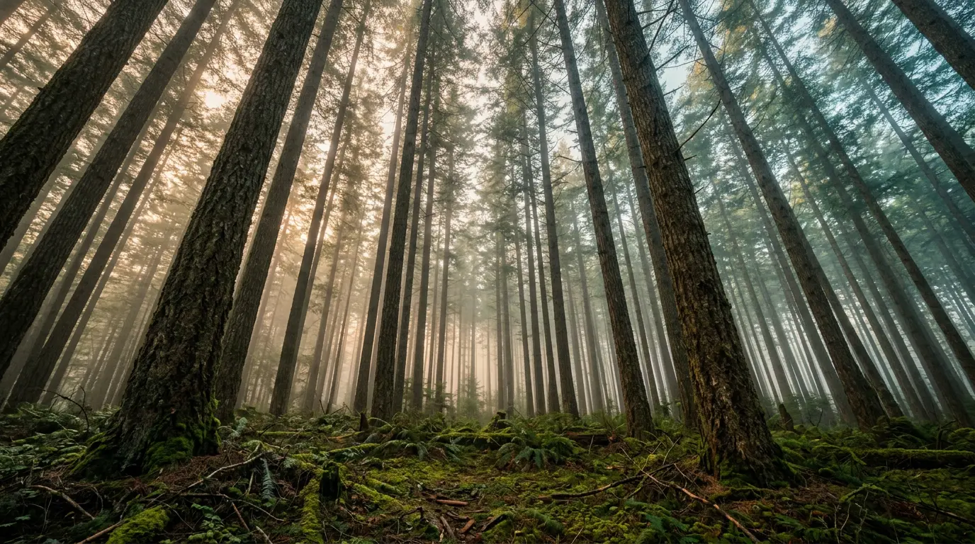 Vue immersive au cœur d'une forêt de conifères avec rayons de lumière filtrant à travers les branches, évoquant l'atmosphère apaisante de la sylvothérapie