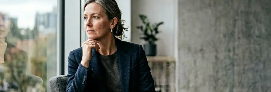 Professionnel en milieu de carrière dans un environnement de bureau épuré réfléchissant à sa motivation