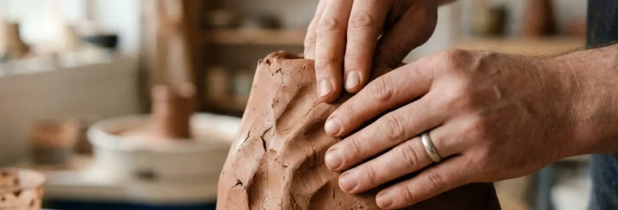 Mains modelant de l'argile dans un atelier lumineux, liberation emotionnelle par la creation artistique