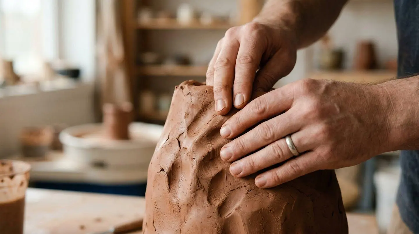 Mains modelant de l'argile dans un atelier lumineux, liberation emotionnelle par la creation artistique
