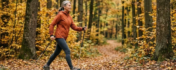 Senior pratiquant la marche nordique avec des batons en foret, technique correcte de propulsion pour proteger les articulations