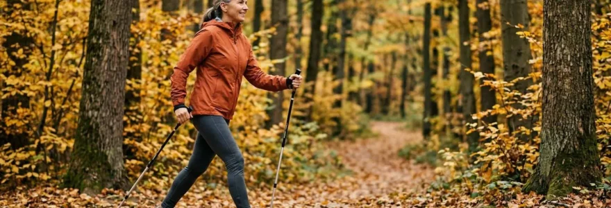 Senior pratiquant la marche nordique avec des batons en foret, technique correcte de propulsion pour proteger les articulations