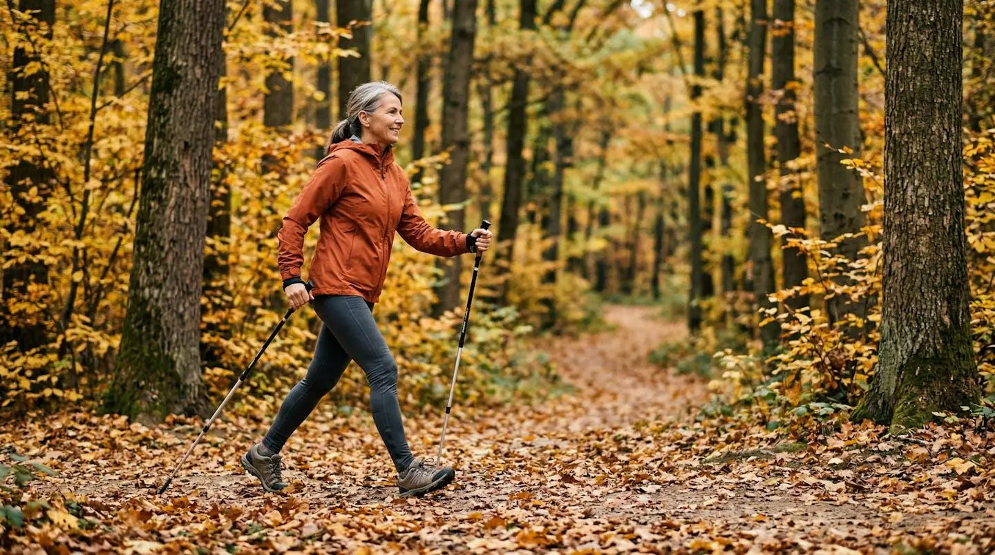 Senior pratiquant la marche nordique avec des batons en foret, technique correcte de propulsion pour proteger les articulations