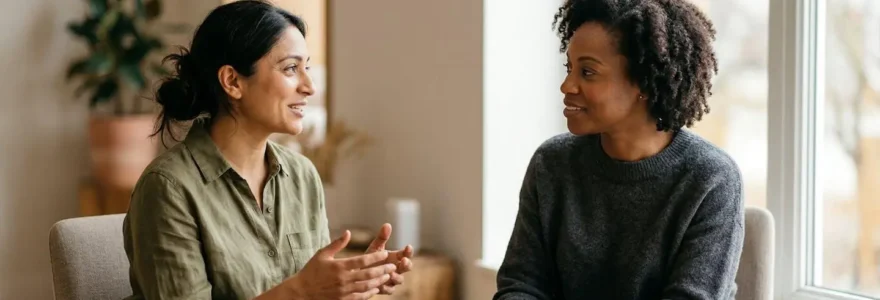 Deux personnes en conversation profonde partageant un moment de presence authentique