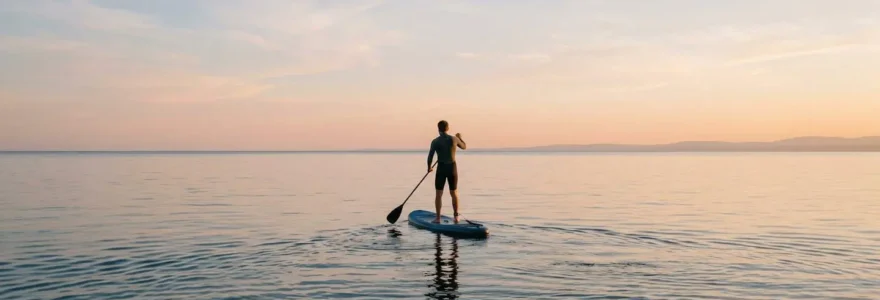 Personne pratiquant le stand-up paddle sur une étendue d'eau calme au lever du soleil, symbolisant la déconnexion cognitive et la thérapie bleue