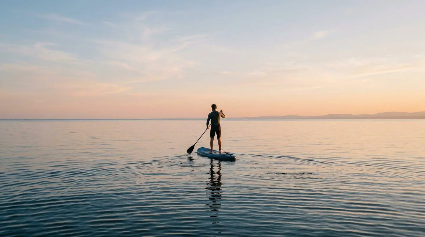 Personne pratiquant le stand-up paddle sur une étendue d'eau calme au lever du soleil, symbolisant la déconnexion cognitive et la thérapie bleue