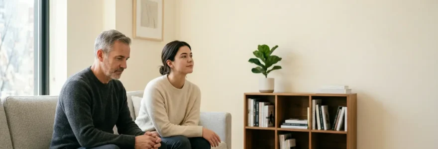 Scène apaisante illustrant la relation adulte entre parent et enfant devenu adulte