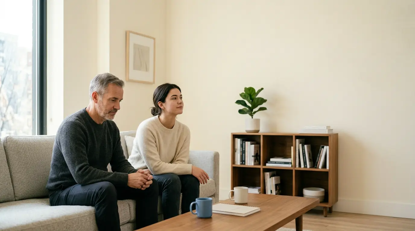 Scène apaisante illustrant la relation adulte entre parent et enfant devenu adulte