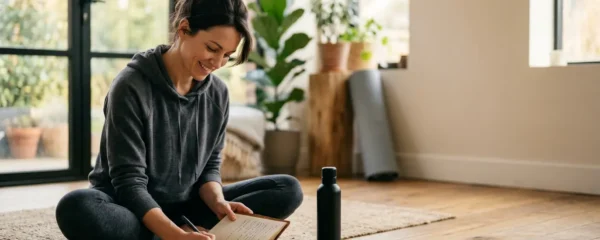 Un parent urbain actif organisant sereinement sa journée dans un environnement calme et lumineux