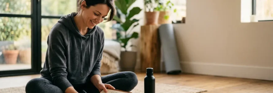 Un parent urbain actif organisant sereinement sa journée dans un environnement calme et lumineux