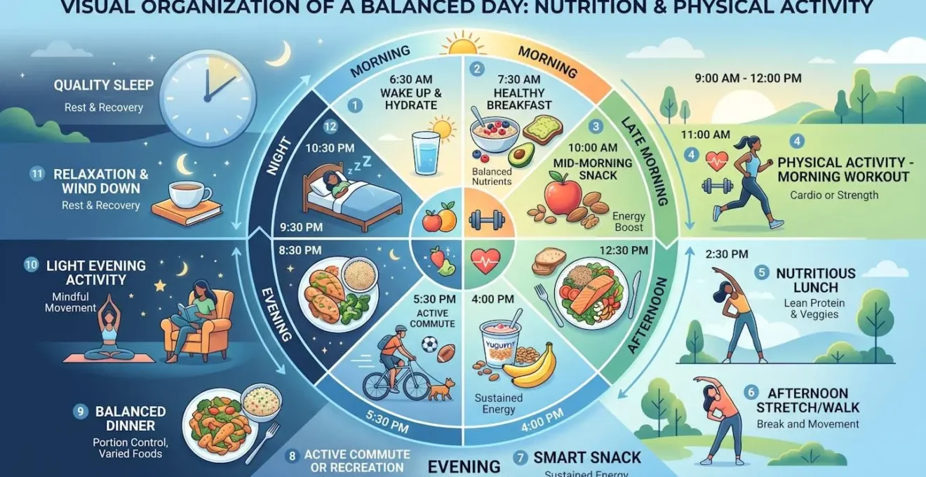 Organisation visuelle d'une journée équilibrée entre nutrition et activité physique