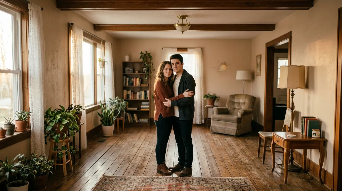 Couple uni face à l'ingérence familiale, symbolisant la protection du foyer