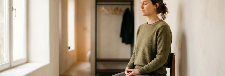 Personne se préparant mentalement dans un environnement calme avant un événement social