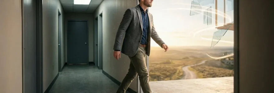 Professionnel créatif franchissant un mur symbolique vers un espace lumineux de possibilités