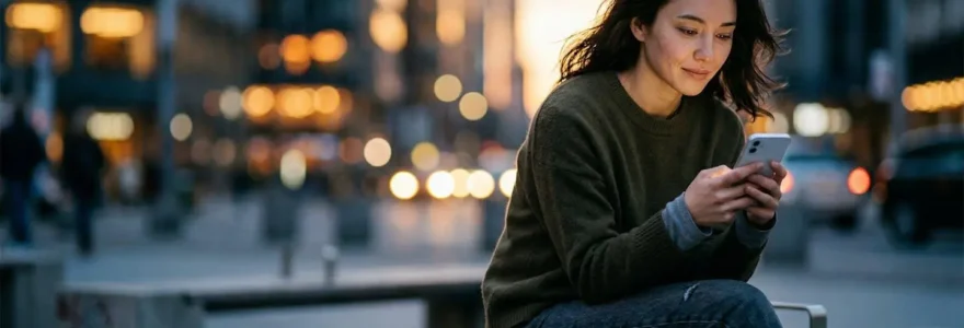 Personne seule en milieu urbain tenant un smartphone avec des icônes de notifications flottant dans l'espace, symbolisant la connexion numérique et l'isolement physique