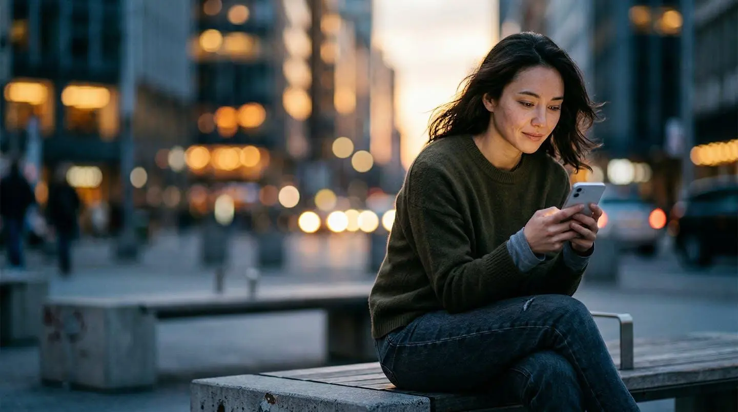 Personne seule en milieu urbain tenant un smartphone avec des icônes de notifications flottant dans l'espace, symbolisant la connexion numérique et l'isolement physique