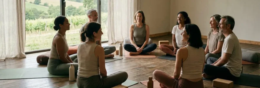 Groupe de participants en cercle lors d'un stage de hatha yoga en France dans un cadre naturel apaisant