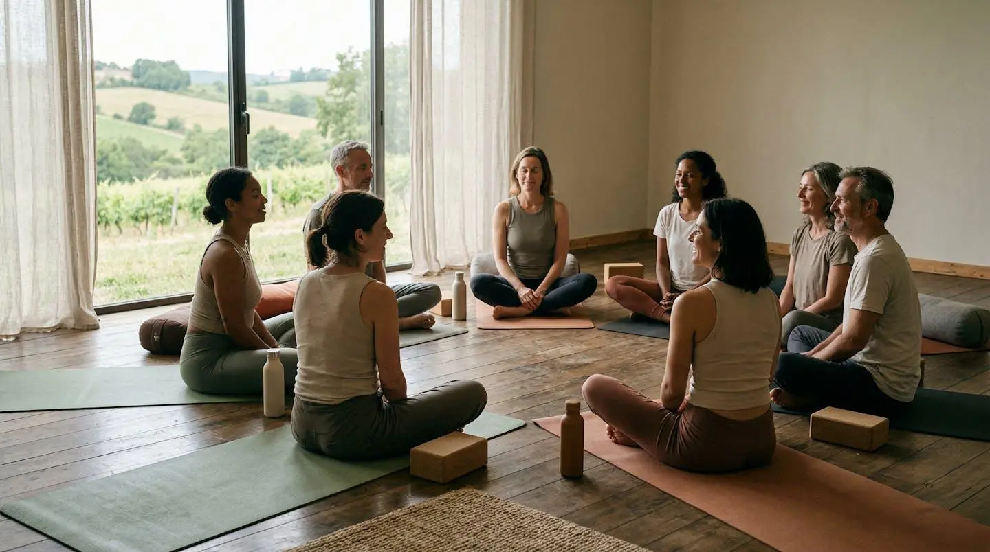 Groupe de participants en cercle lors d'un stage de hatha yoga en France dans un cadre naturel apaisant