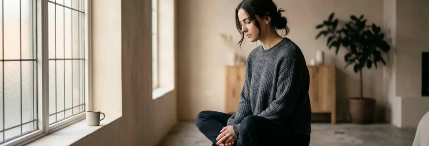 Personne assise seule dans un espace lumineux méditant sur la guérison émotionnelle