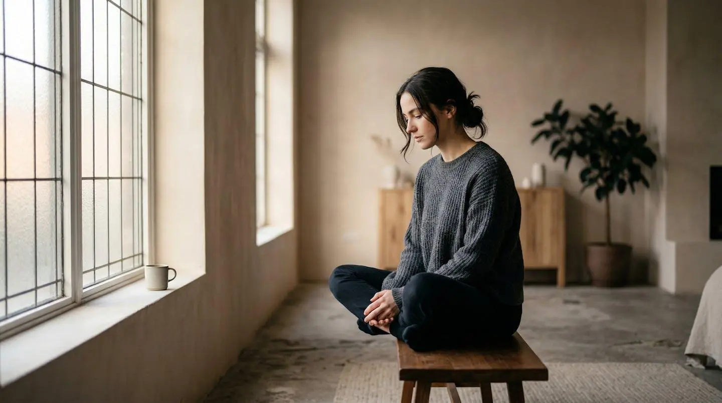 Personne assise seule dans un espace lumineux méditant sur la guérison émotionnelle