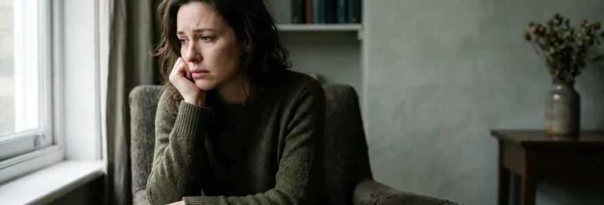 Personne pensive dans un environnement émotionnel complexe illustrant les troubles de l'humeur liés aux relations toxiques