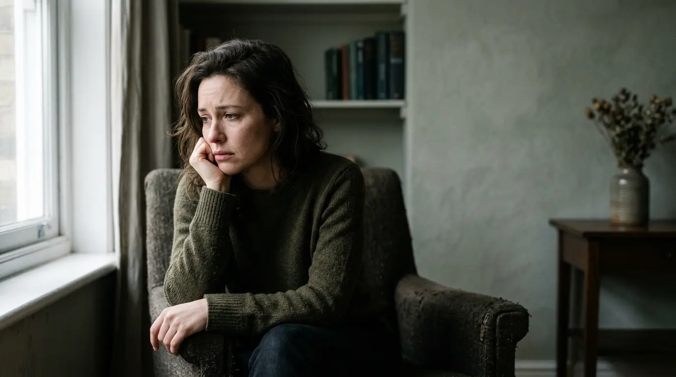 Personne pensive dans un environnement émotionnel complexe illustrant les troubles de l'humeur liés aux relations toxiques