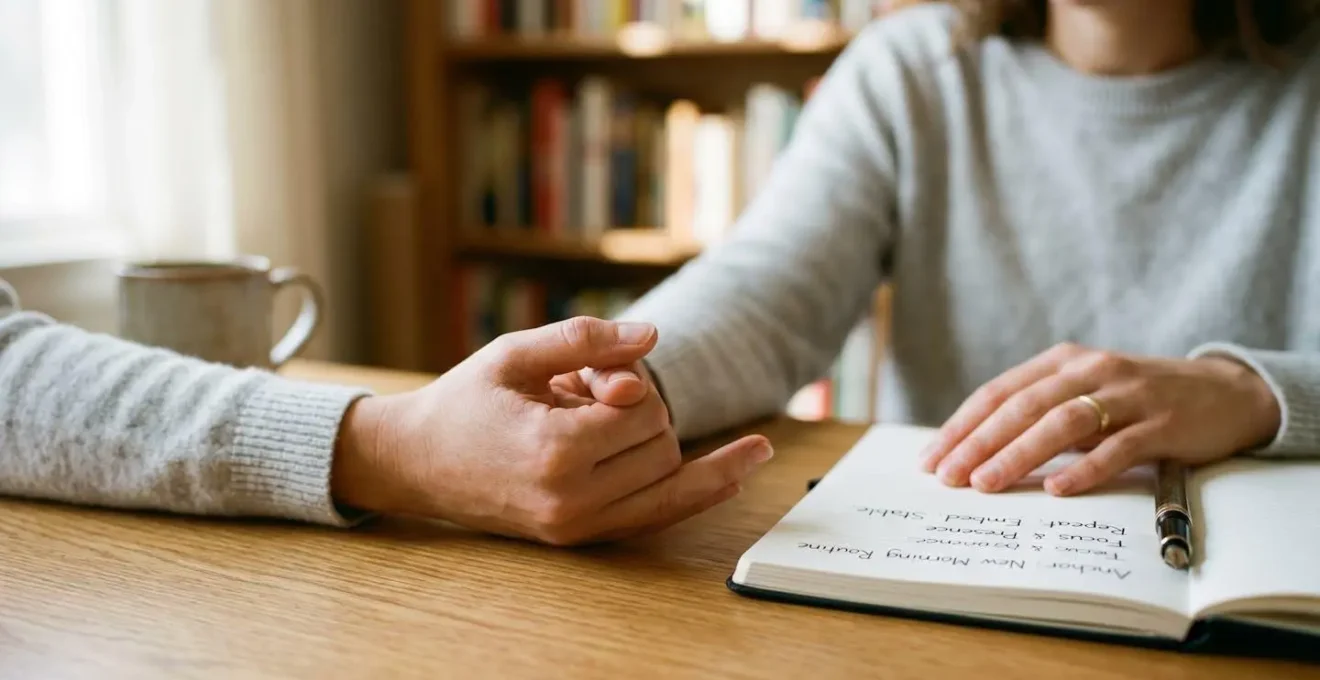 Geste subtil de la main symbolisant l'ancrage d'une nouvelle habitude cognitive