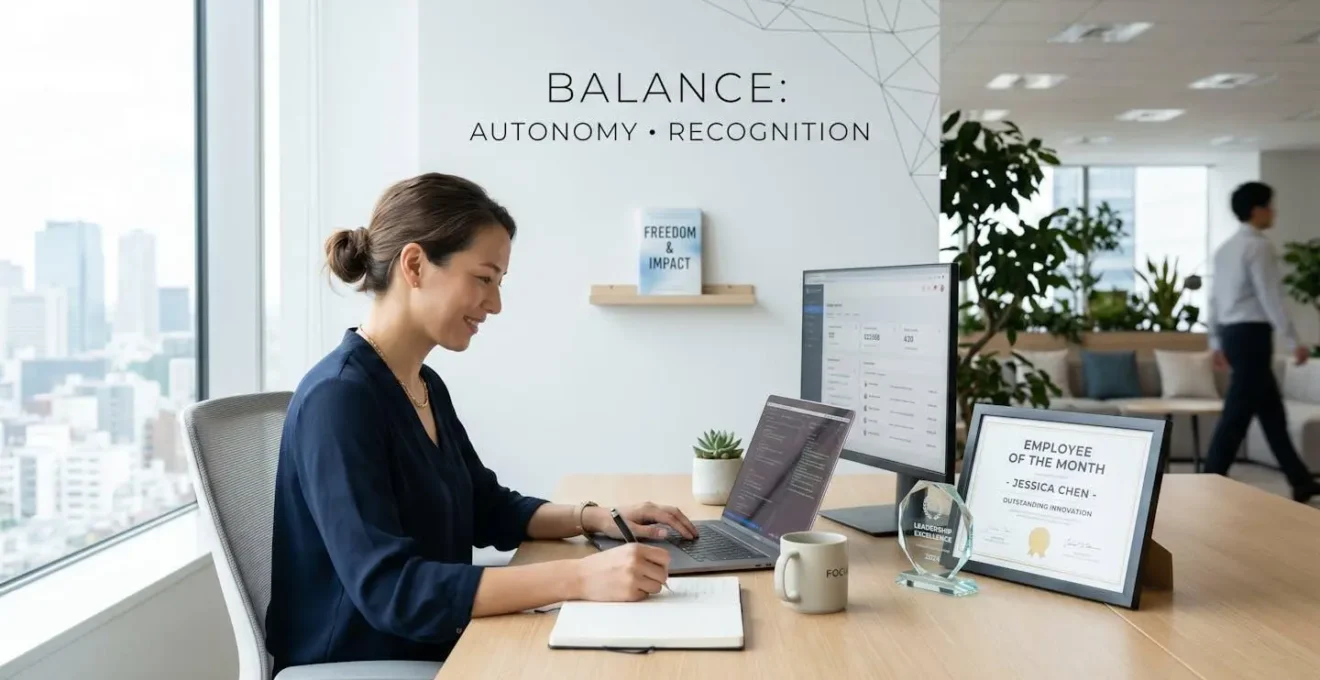 Environnement de travail minimaliste illustrant l'équilibre entre autonomie et reconnaissance professionnelle