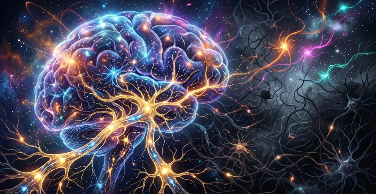 Visualisation métaphorique des chemins neuronaux profonds versus sentiers inexplorés dans le cerveau créatif