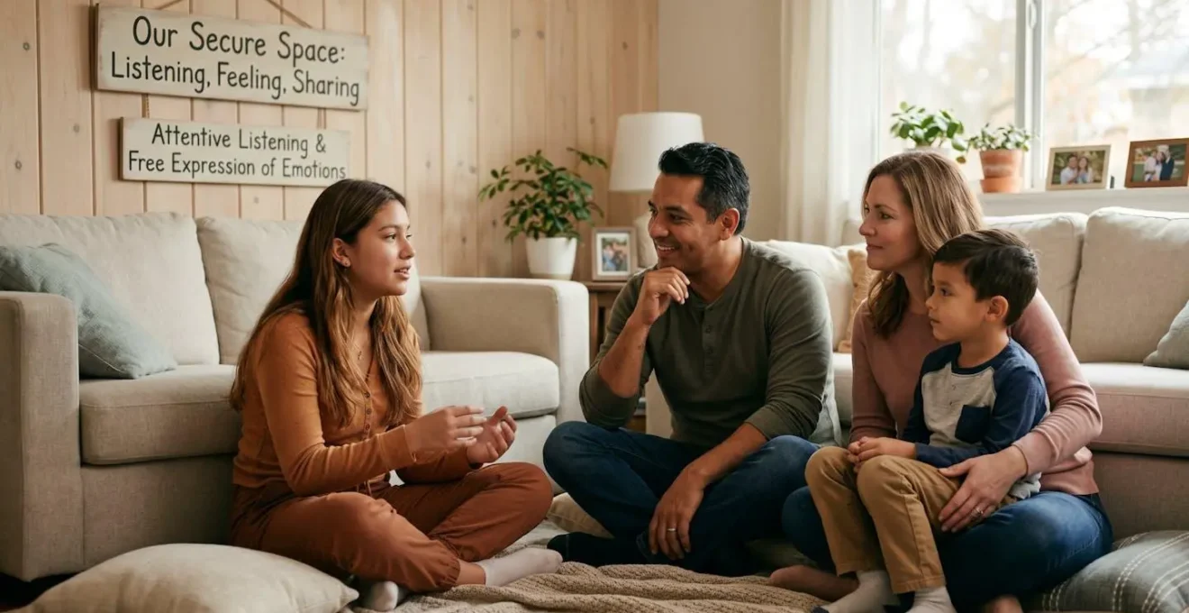 Un espace de communication familiale sécurisé symbolisant l'écoute bienveillante et l'expression libre des émotions