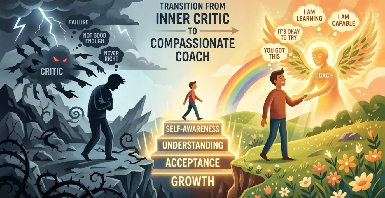 Représentation symbolique du passage du critique intérieur au coach bienveillant